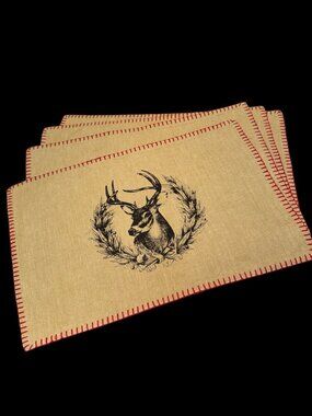 Set of 4 Christmas Placemats Tan & Red Reindeer Cottage by ingles & Joy